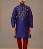 Blue embroidered dupion silk kurta pyjama
