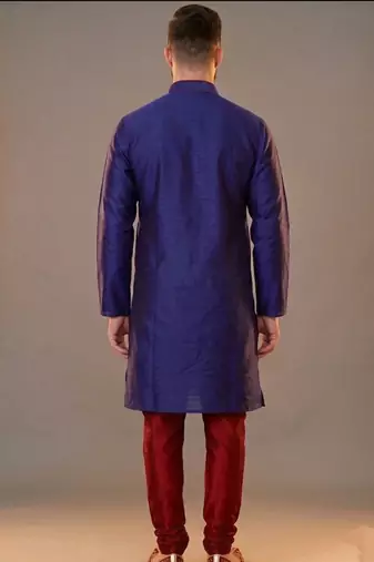 Blue embroidered dupion silk kurta pyjama