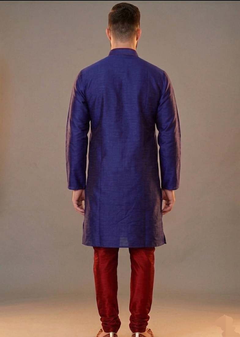 Blue embroidered dupion silk kurta pyjama