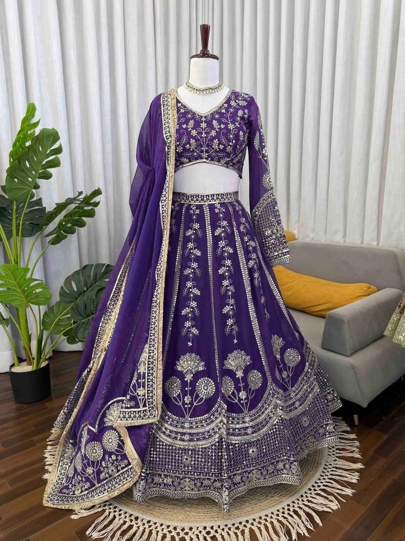 royal purple georgette thread sequin lehenga choli set