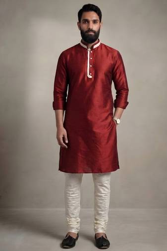 Maroon dupion silk kurta pyjama