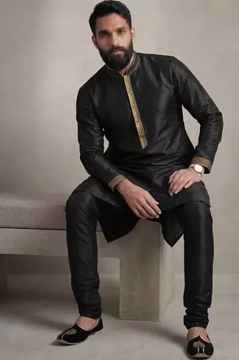 Black dupion silk kurta pyjama