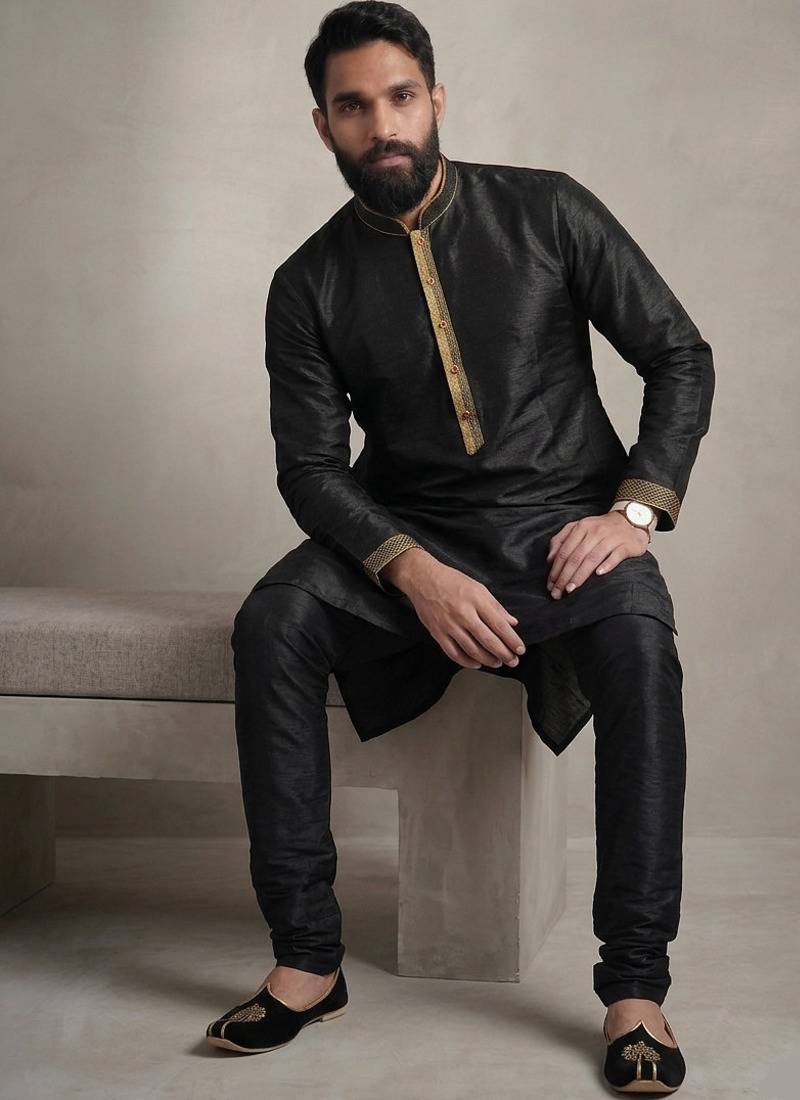 Black dupion silk kurta pyjama