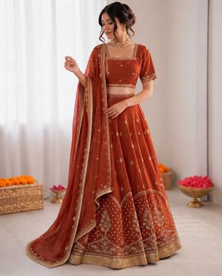 rust orange art silk thread sequin lehenga choli set 1