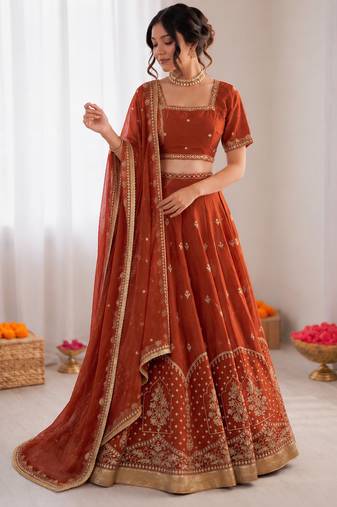 rust orange art silk thread sequin lehenga choli set