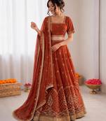 rust orange art silk thread sequin lehenga choli set