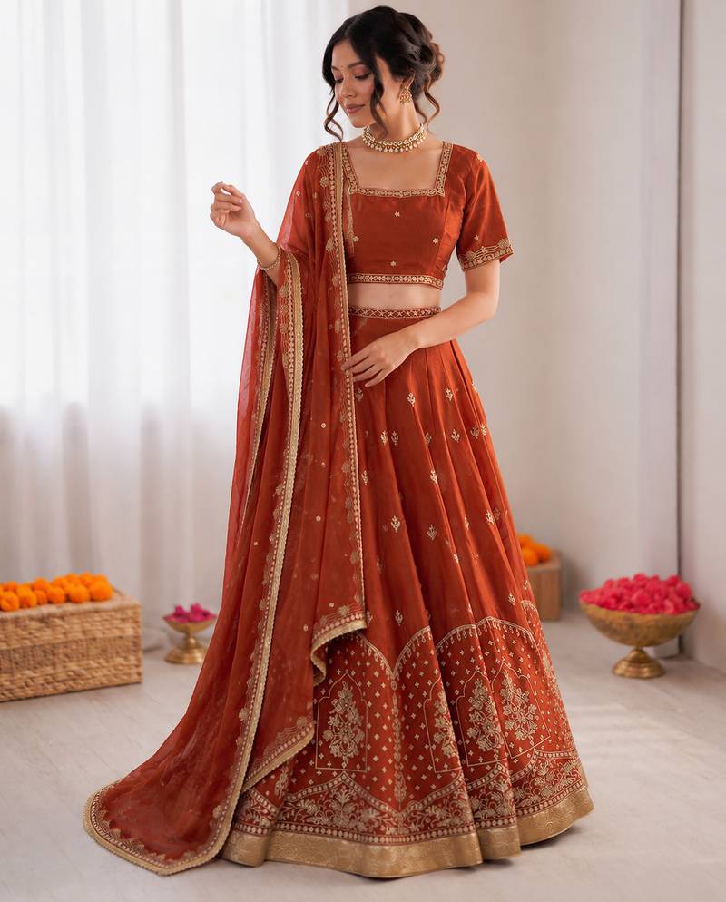 rust orange art silk thread sequin lehenga choli set