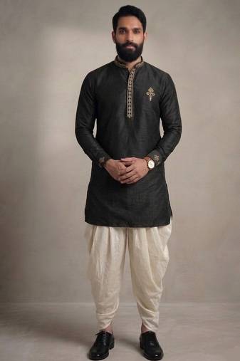 Black embroidered dupion silk kurta dhoti