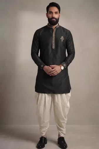 Black embroidered dupion silk kurta dhoti