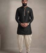 Black embroidered dupion silk kurta dhoti