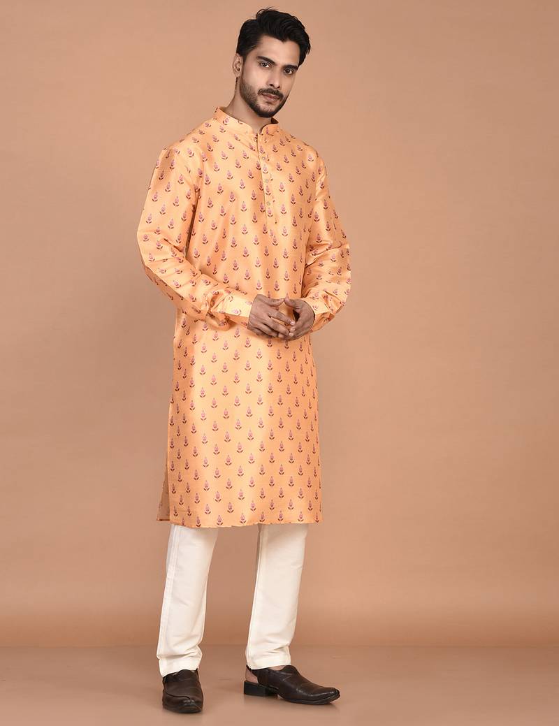 Men's printed straight silk kurta