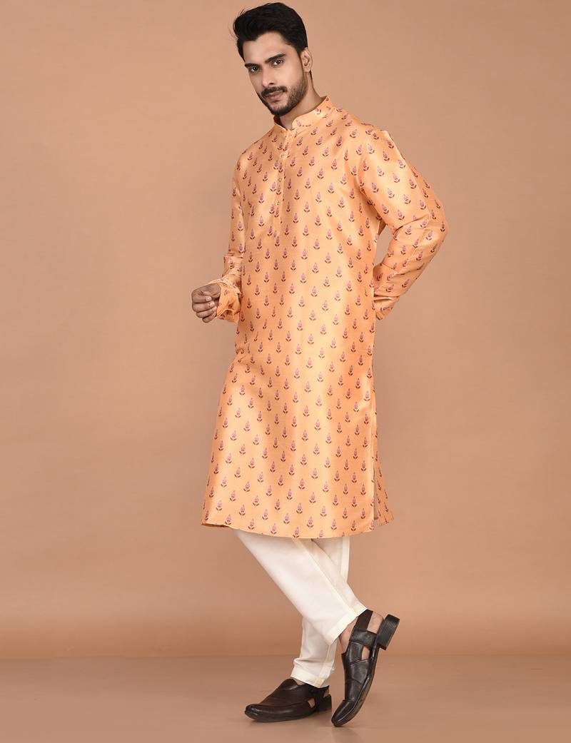 Men's printed straight silk kurta