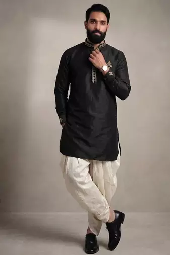 Black embroidered dupion silk kurta dhoti