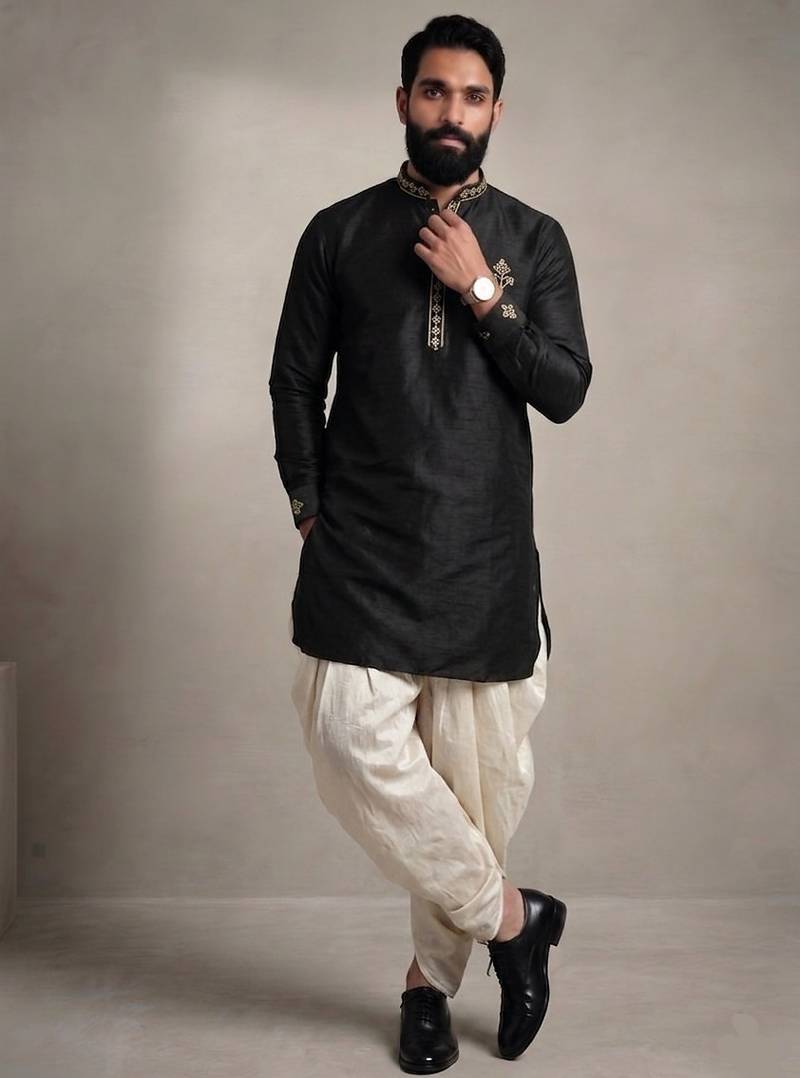 Black embroidered dupion silk kurta dhoti