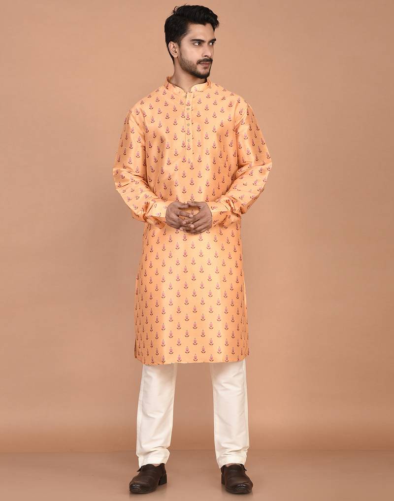 Men's printed straight silk kurta