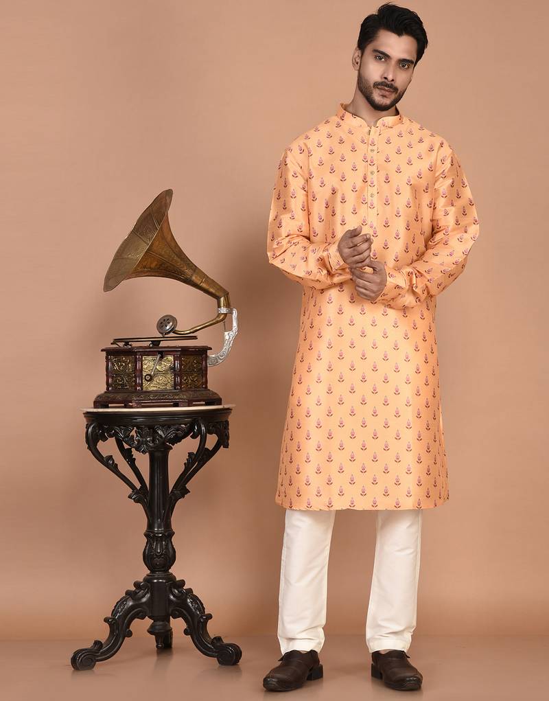 Men's printed straight silk kurta