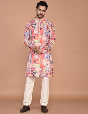 Men's abstract printed cotton kurta with thread embroidery 1