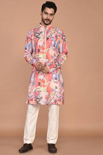 Men's abstract printed cotton kurta with thread embroidery