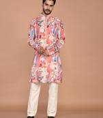 Men's abstract printed cotton kurta with thread embroidery
