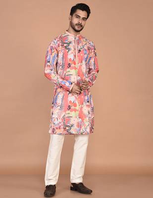 Men's abstract printed cotton kurta with thread embroidery 2