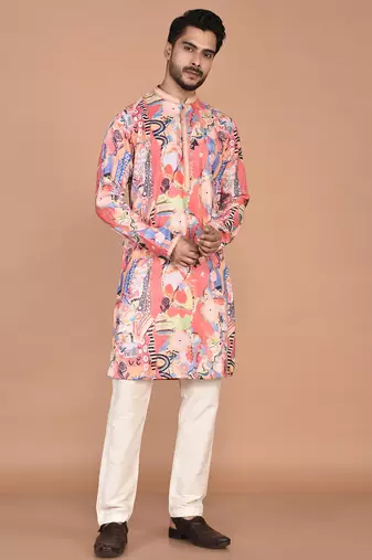 Men's abstract printed cotton kurta with thread embroidery