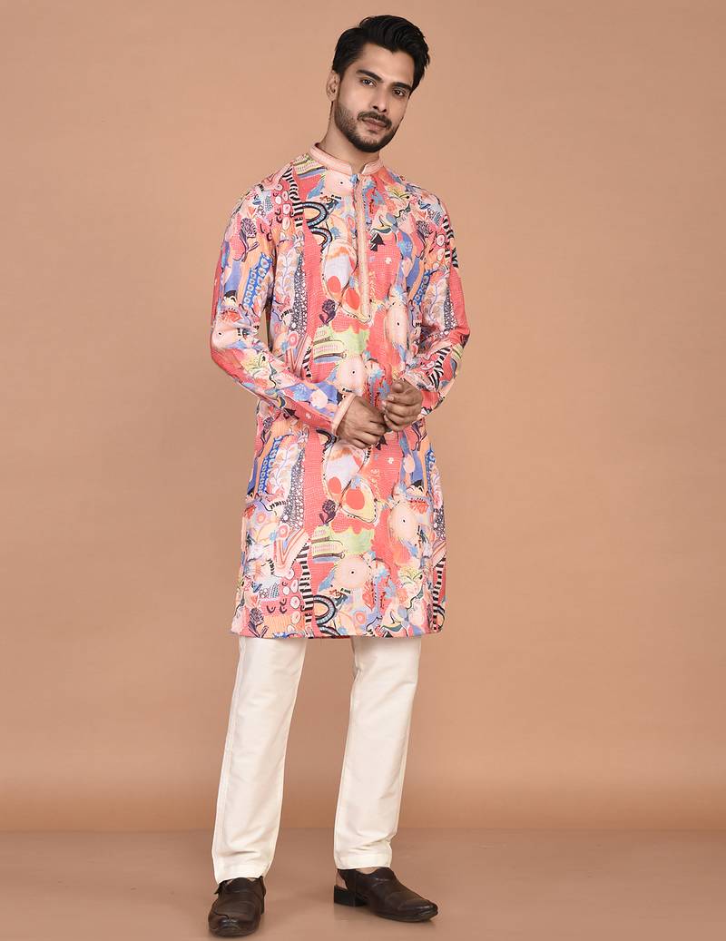 Men's abstract printed cotton kurta with thread embroidery