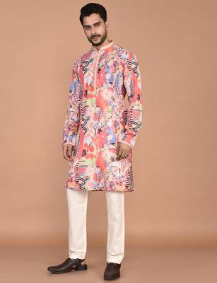 Men's abstract printed cotton kurta with thread embroidery 3