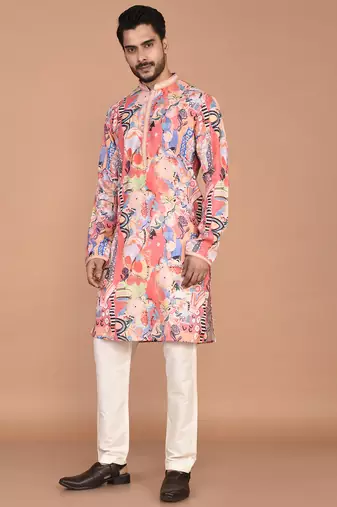 Men's abstract printed cotton kurta with thread embroidery