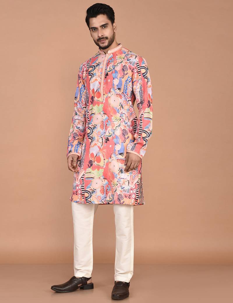 Men's abstract printed cotton kurta with thread embroidery