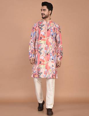 Men's abstract printed cotton kurta with thread embroidery 4