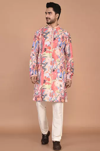 Men's abstract printed cotton kurta with thread embroidery