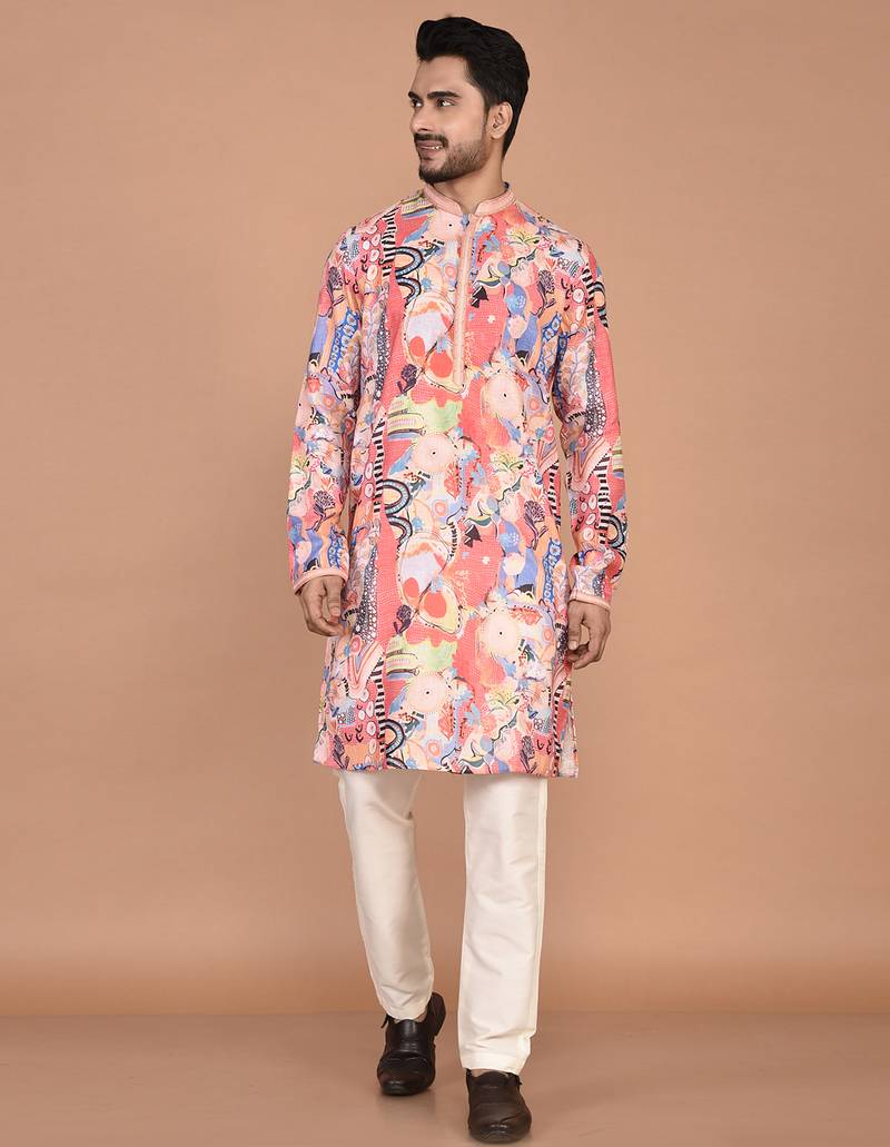 Men's abstract printed cotton kurta with thread embroidery