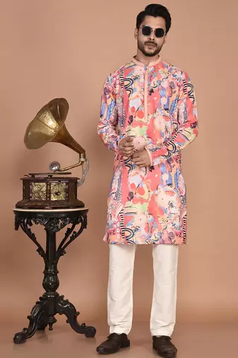 Men's abstract printed cotton kurta with thread embroidery