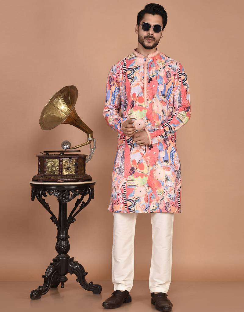 Men's abstract printed cotton kurta with thread embroidery