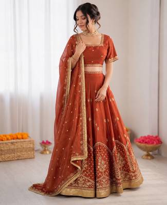 rust orange art silk thread sequin lehenga choli set 2