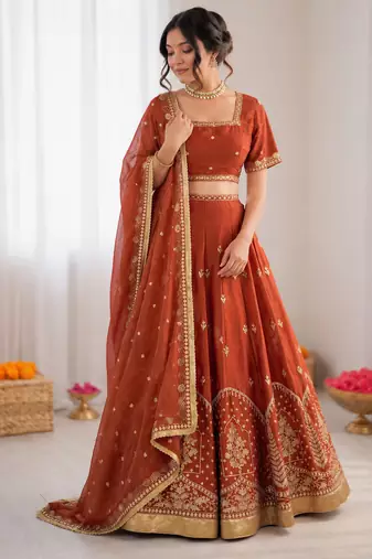 rust orange art silk thread sequin lehenga choli set