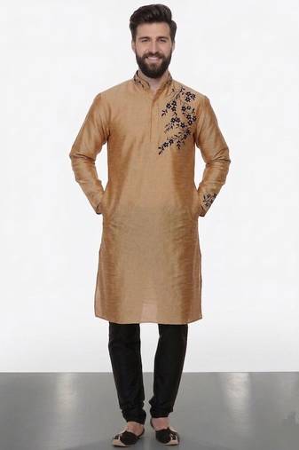 Beige embroidered dupion silk kurta pyjama