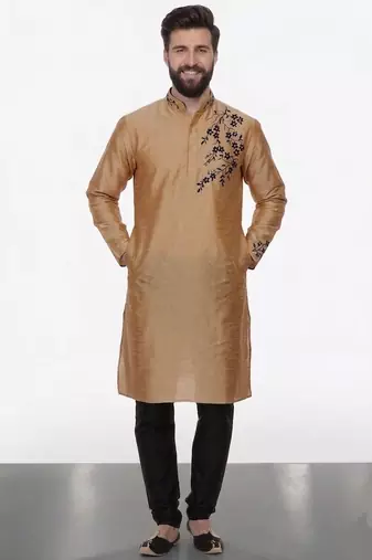 Beige embroidered dupion silk kurta pyjama