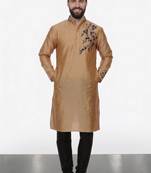 Beige embroidered dupion silk kurta pyjama