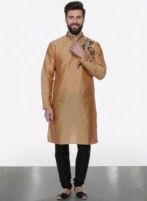 Beige embroidered dupion silk kurta pyjama 2