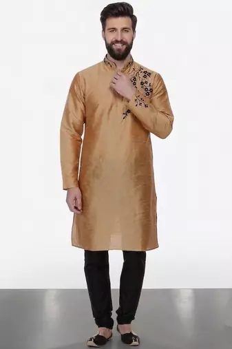 Beige embroidered dupion silk kurta pyjama