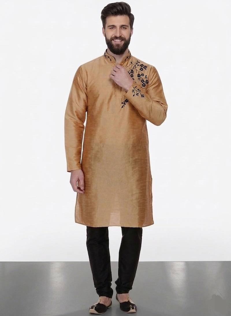 Beige embroidered dupion silk kurta pyjama