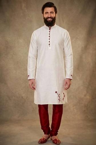 White embroidered dupion silk kurta pyjama