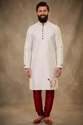 White embroidered dupion silk kurta pyjama