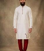 White embroidered dupion silk kurta pyjama