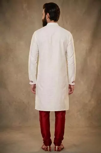 White embroidered dupion silk kurta pyjama