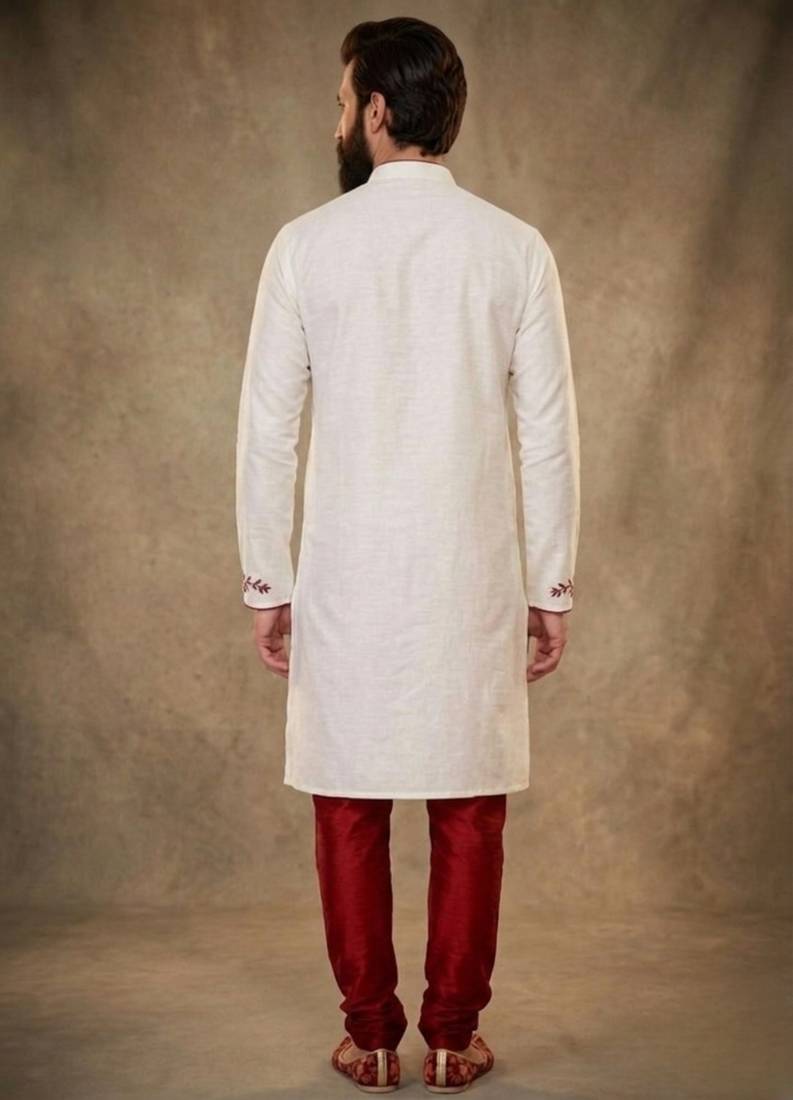 White embroidered dupion silk kurta pyjama