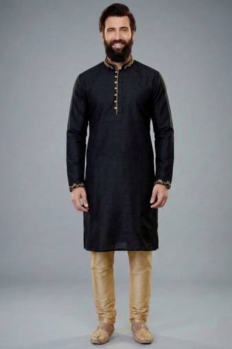 Black embroidered dupion silk kurta pyjama