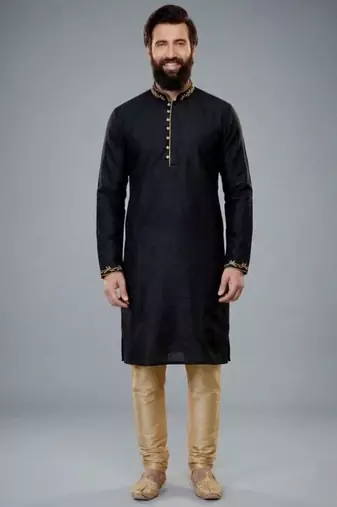 Black embroidered dupion silk kurta pyjama
