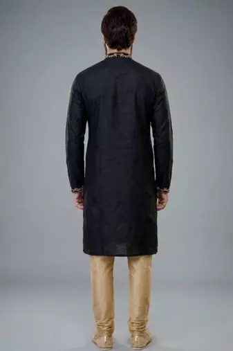 Black embroidered dupion silk kurta pyjama
